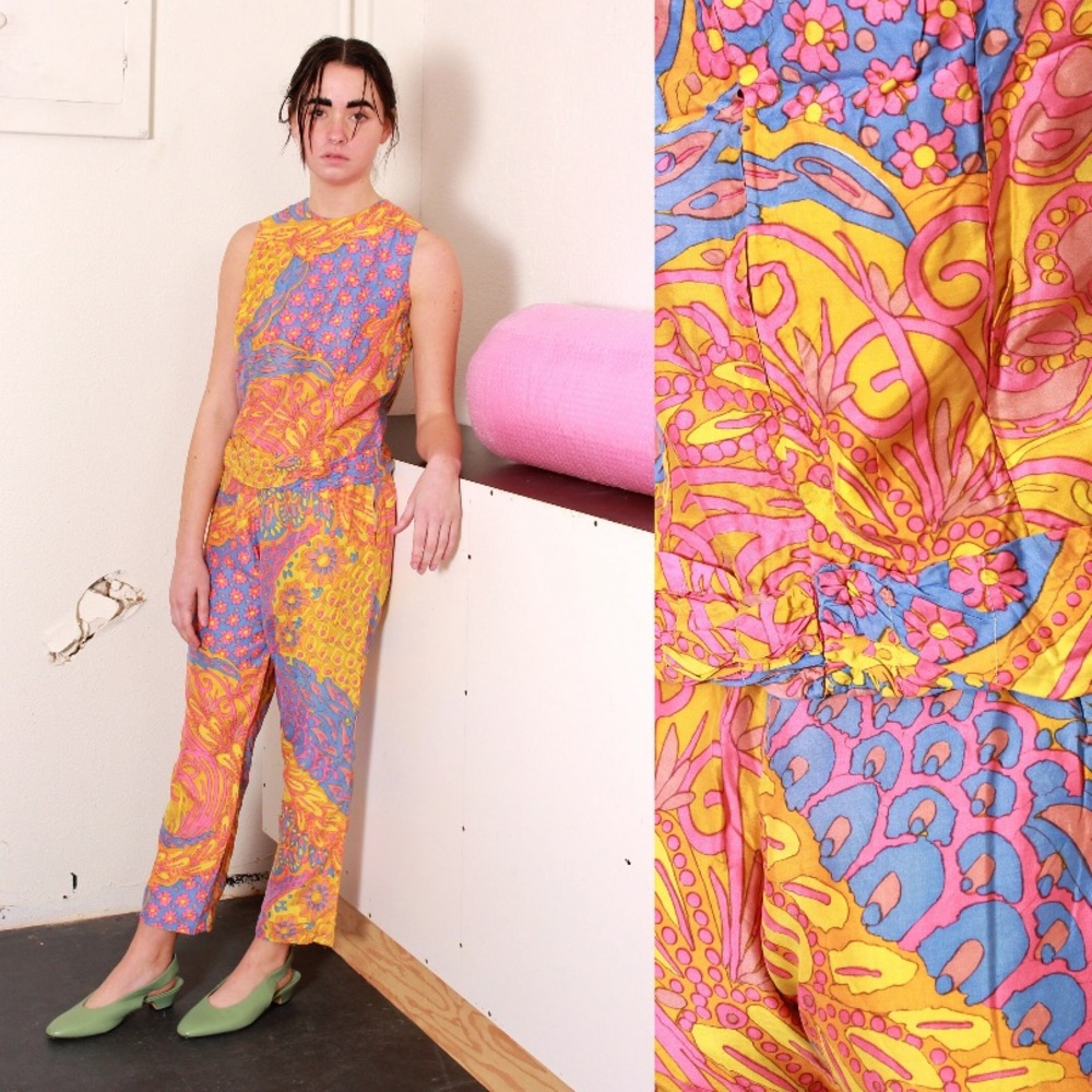 Vintage Lanvin Technicolor Printed Silk Set / Small